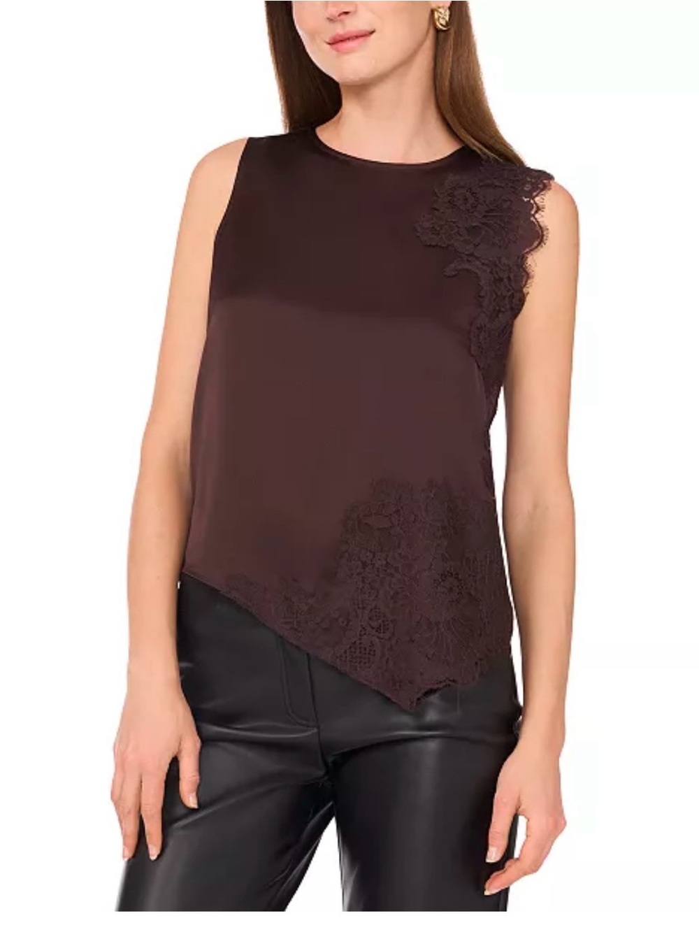Vince Camuto Dark Brown Satin Lace-Trim Sleeveless Top